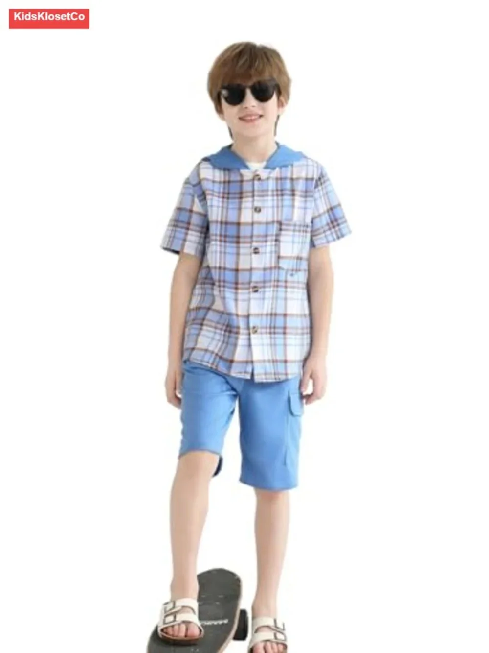 Boys Short Sleeve Hooded Plaid Button Shirt and Jogger Shorts Set